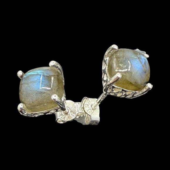 Natural Labradorite Cabochon Stud Earrings 925 Sterling Silver Handmade - Picture 5 of 5